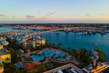 Harborside Villas at sunset aerial view and Paradise Island Bridge at Nassau Harbour, from Paradise...