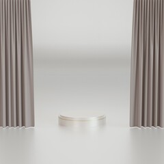 silver cylinder pedestal podium and gray curtains.  product display presentation. 3d rendering