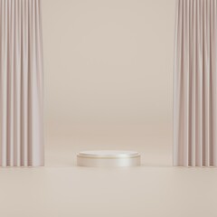 silver cylinder pedestal podium and pastel curtains. product display presentation. 3d rendering