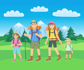 Man, woman and two kids hiking in outdoor mountain landscape. Cartoon vector illustration, family weekend activity.