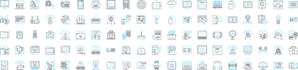 hardware electronics vector line icons set. Hardware, Electronics, Components, Computers, Processors, Motherboards, GPUs illustration outline concept symbols and signs