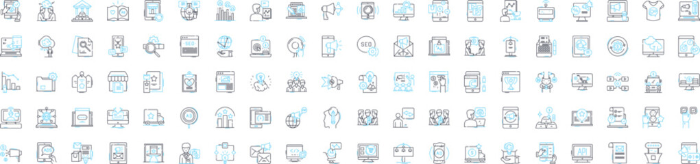 Market promotion vector line icons set. Marketing, Promotion, Advertising, Publicity, Campaigns, Strategies, Events illustration outline concept symbols and signs