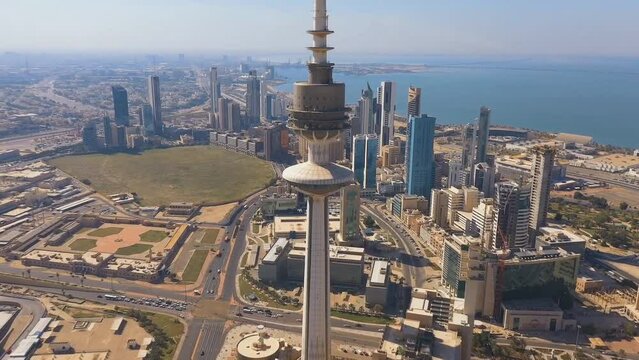KUWAIT - The Liberation Tower in Kuwait City. The tower symbolizes Kuwait's liberation from Iraq. Kuwait, Middle East (aerial photography)