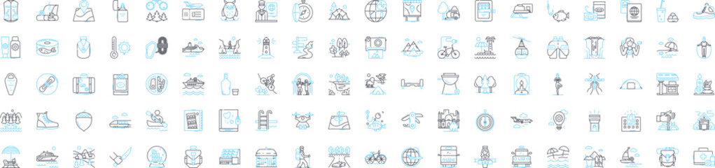 Travel business vector line icons set. Tourism, Tour, Vacation, Journey, Adventure, Transport, Sightseeing illustration outline concept symbols and signs