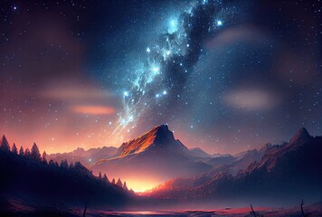 Starry night landscape with mountain and milky way sky background. Beauty in nature and Astrology science concept. Digital art fantasy illustration. Generative AI