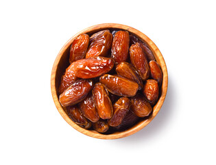 Top view of Dried dates fruits in wooden bowl isolated on white background. Clipping path.