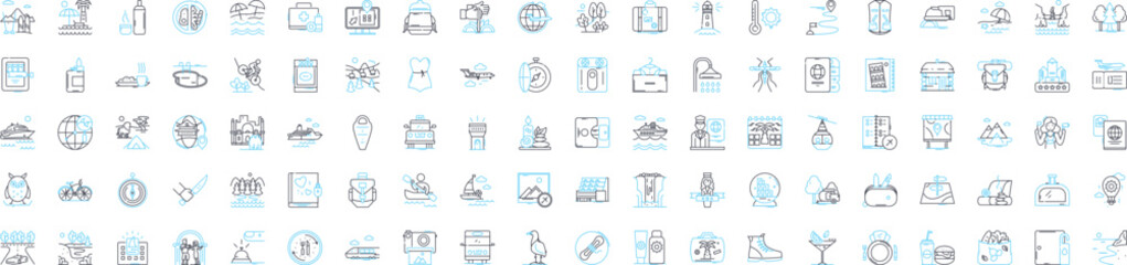 Travel and tourism vector line icons set. Voyage, Trip, Adventure, Tour, Excursion, Sightseeing, Jaunt illustration outline concept symbols and signs