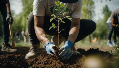 men planting trees and watering them to help increase oxygen in the air and reduce global warming, Save world save life and Plant a tree