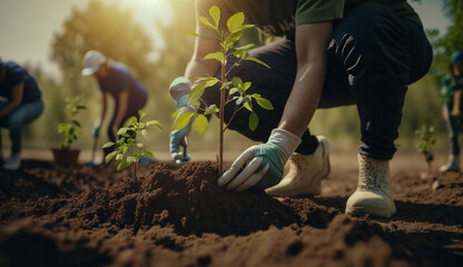 men are planting trees and watering them to help increase oxygen in the air and reduce global warming, Save world save life and Plant a tree