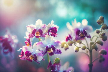 Fototapeta na wymiar Orchid Flowers Fresh spring bouquet blurred bokeh background