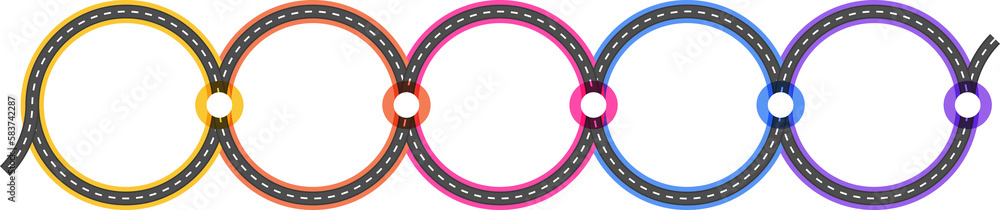 Aufkleber road infographics template with five elements with place for your icons and text