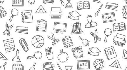 Horizontal school seamless pattern with handdrawn doodle icons