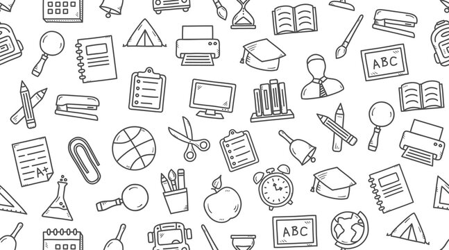Horizontal school seamless pattern with handdrawn doodle icons