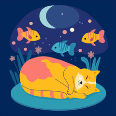 Vector illustration of color sleeping character cat on dark background. Hand draw line art design for web, site, advertising, banner, poster, board, print and card.