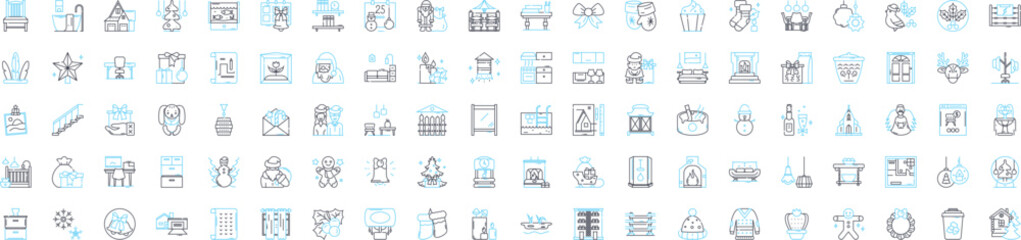 Decor items vector line icons set. Furnishings, Rugs, Lighting, Wallpaper, Mirrors, Curtains, Vases illustration outline concept symbols and signs