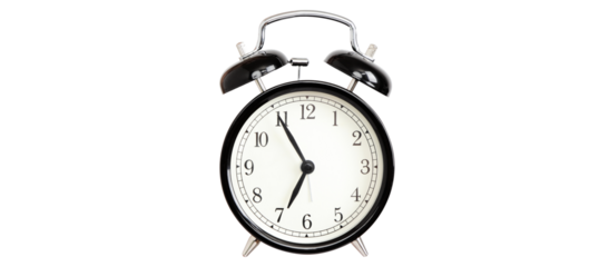 Alarm clocks - black bell alarm clock Isolated on white background in transparent PNG cutout.
