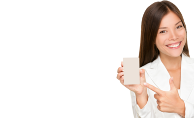 Woman showing holding small blank sign. Replace with smart phone, mobile phone or copy. Smiling happy young business woman. Mixed race female model solated on white background in transparent PNG cutou