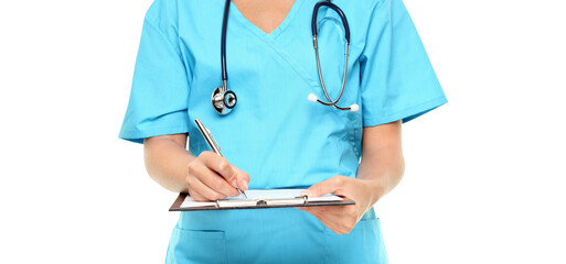 Medical professional. Closeup of nurse or doctor writing on clipboard Isolated on white background...