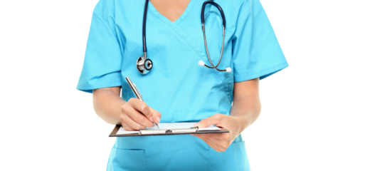 Medical professional. Closeup of nurse or doctor writing on clipboard Isolated on white background in transparent PNG cutout.