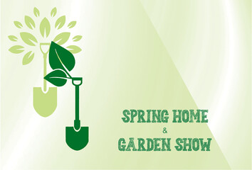 Spring home and garden show. Invitation card, banner and poster design with space to add text. Gardening equipment icon. National Gardening day theme.