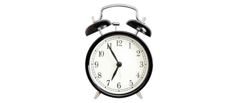 Alarm clocks - black bell alarm clock Isolated on white background in transparent PNG cutout.