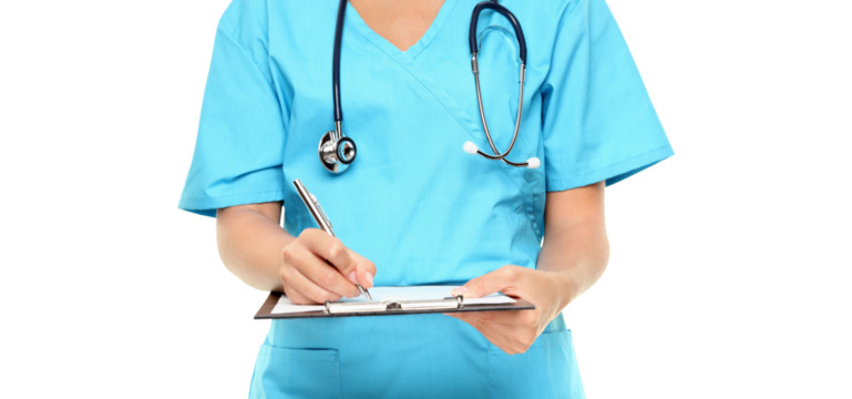 Medical professional. Closeup of nurse or doctor writing on clipboard Isolated on white background in transparent PNG cutout.
