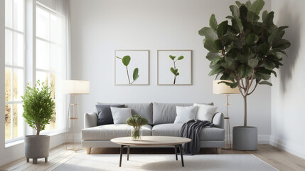Bright and clean living room with plants and couch