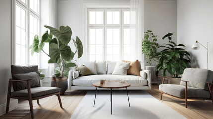 Bright and clean living room with plants and couch