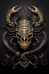 the image of the portrait of scorpio, the zodiac sign, gold and black, decorated with Gothic lace and precious stones, a fantasy generated by artificial intelligence