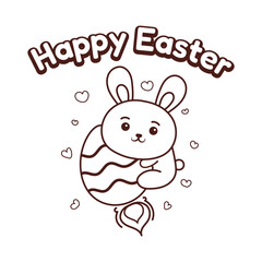 illustration of a bunny hugging an egg rocket celebrating easter kawaii style coloring book