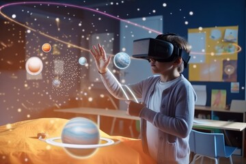 Girl wearing virtual reality goggles against illustration of planets and stars in room, Generative AI