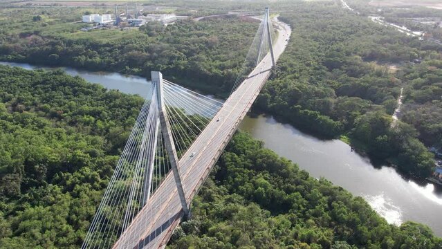 Drone footage of bridge over river en Dominican Republic 