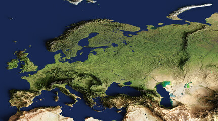 3d illustration of a highly detailed map of Europe. Elements of this image furnished by NASA.
