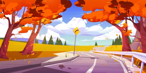 Foto auf Glas Mountain valley autumn landscape with highway road, forest, orange trees and grass. Countryside scene with empty asphalt road, fields, pines, sign and clouds in sky, vector cartoon illustration © klyaksun