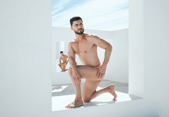 Man model, naked statue and art deco frame of a male posing outdoor for fine and lgbt artwork....