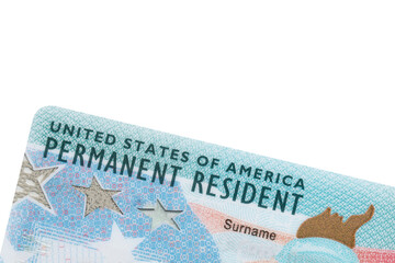 Green Card. US Permanent resident card. Immigration to USA. Electronic Diversity Visa Lottery DV-2024 DV Lottery Results. United States of America. American dream. White isolated background.