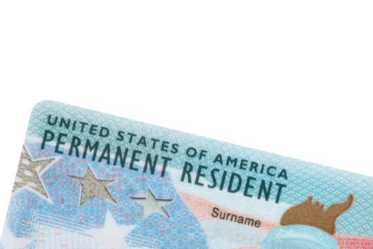 Green Card. US Permanent resident card. Immigration to USA. Electronic Diversity Visa Lottery DV-2024 DV Lottery Results. United States of America. American dream. White isolated background.