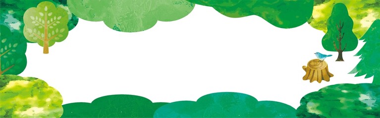 バナー　フレーム　水彩　アナログタッチ　夏　森　木　緑　風景　背景　コピースペース　イラスト素材