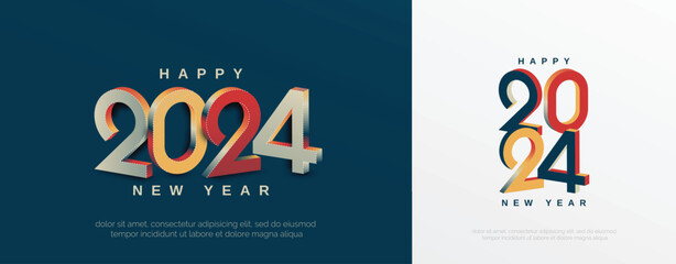 Happy new year 2024 with 3D retro full color design template. 2024 new year celebration concept for greeting card, banner and post template