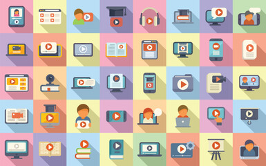 Video tutorial icons set flat vector. Online stream. Audio movie