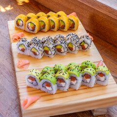 Makis roll nikkei on the wood table