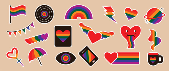 Happy Pride LGBTQ element set. LGBTQ community symbols with rainbow flag, heart, rainbow, glass. Elements illustrated for pride month, bisexual, transgender, gender equality, sticker, rights concept.