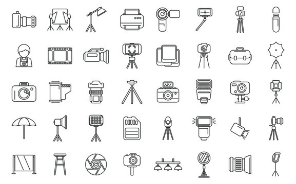 Photo studio icons set outline vector. Camera card. Video equipment