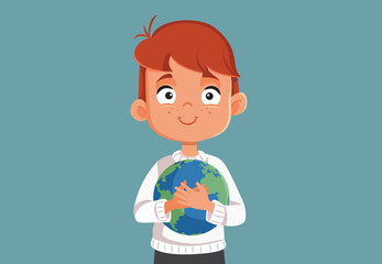 Smiling Little Boy Holding Earth Planet Vector Cartoon Illustration. Cheerful child protecting the world and planet 
