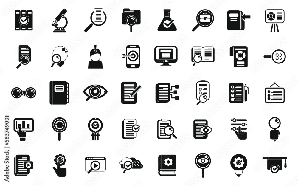 Poster case study icons set simple vector. study platform. study tutorial