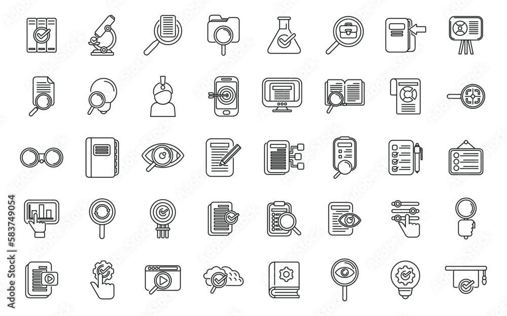 Poster case study icons set outline vector. study platform. study tutorial