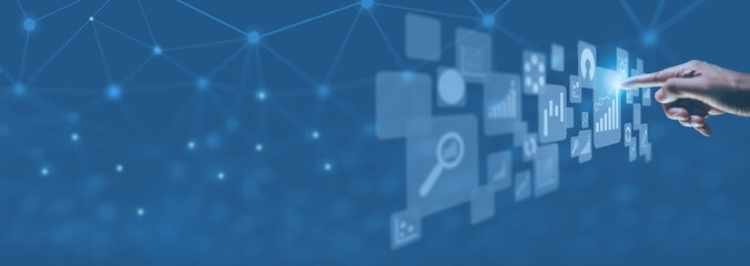 Businessman analyzing data management.with a networked on virtual screen ,  copy space