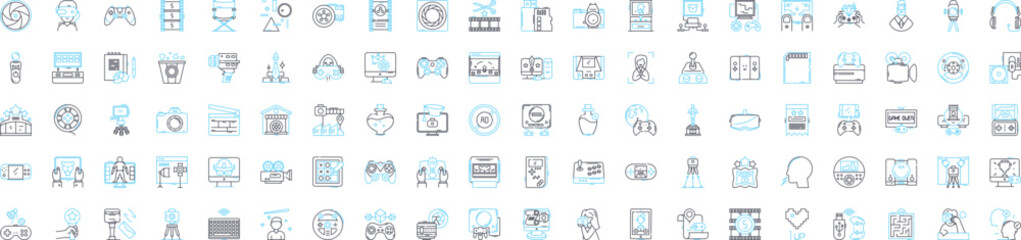 audio and video vector line icons set. Audio, Video, Sound, Music, Podcast, Radio, Broadcasting illustration outline concept symbols and signs