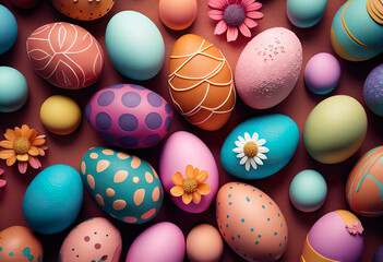 Fototapeta na wymiar Colorful Easter eggs background, Top view. AI Generated.