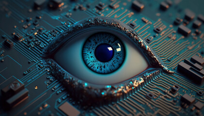 blue eye on circuit board with microchips closeup Ai.Generative AI.